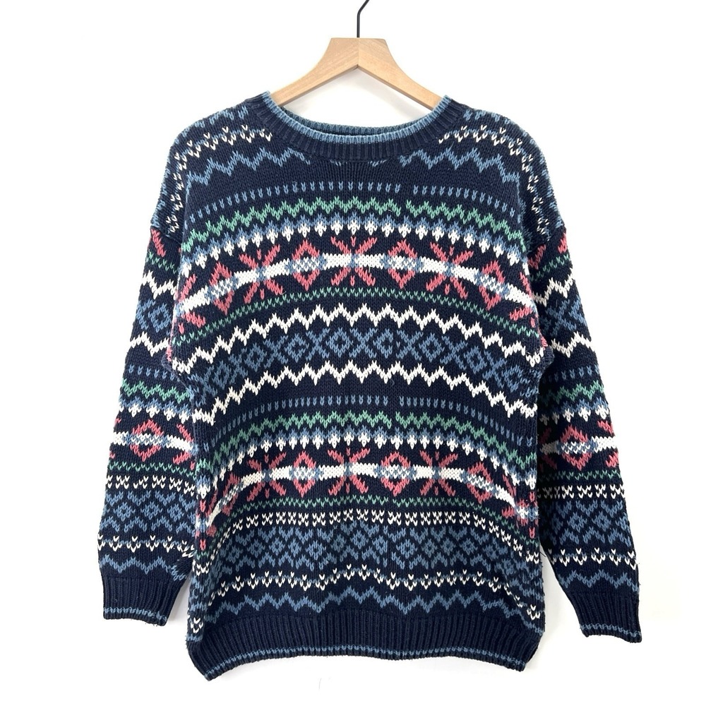 Vintage Fair Isle Sweater Sz M Oversize Navy Pastel Cotton Chunky Nordic Cottage